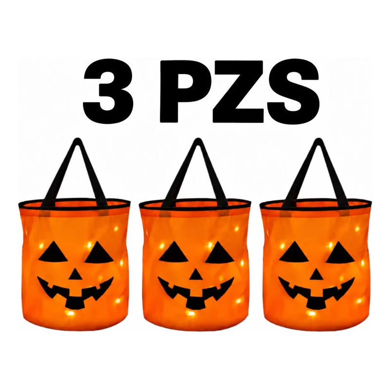 3pzs Bolsa Halloween Led 27x21 Cm Naranja Claro Calabaza